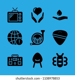 bee, television, responsible use of water, health insurance, worldwide, radio, french horn, chair and guitar pick vector icon. Simple icons set