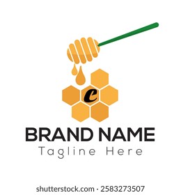 Bee Template On C Letter. Bee and Honey Logo Design Concept	