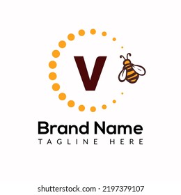 Bee Template On V Letter. Bee and Honey Logo Design Concept