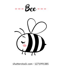Bee text. Little black and white bee. Vector isolated illustration