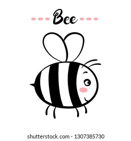 Bee text. Little black and white bee. Brush calligraphy lettering. Vector isolated illustration