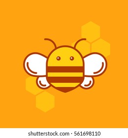 Bee thin lined icon. Bumblebee logotype template  with outlines and honeycombs for organic products company, business branding or web design.