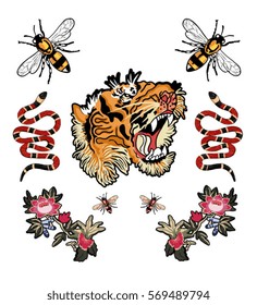 bee tiger snake tiger and flowers patch illustration bee tiger snake tiger and flowers patch illustration