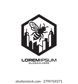Bee Tower logo, a bold and structured design showing a bee positioned in front of a series of tall skyscrapers. This icon emphasizes productivity, urban living, and collective effort, serving as a powerful visual for business centers, commercial real estate firms, or modern co-working spaces that value efficiency and growth in an urban setting.