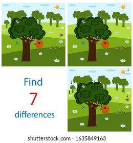 Bee tree and uly play PAL for kids spot the seven differences in the images, vector illustration, the answers are