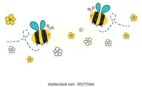 Bee vector with daisy flower banner background