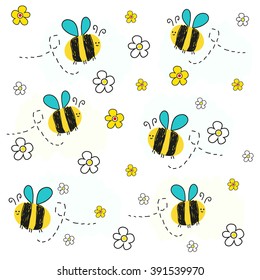 Bee vector with daisy flower. Spring pattern vector background