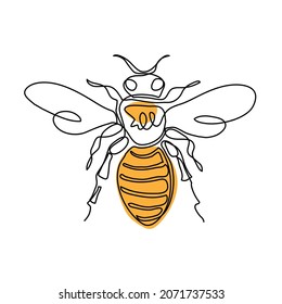 Bee vector drawn sketch, color illustration for honey label design. One continuous line art drawing of the flying bee.