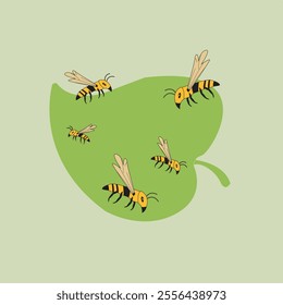 Bee vector. Group of cartoon bees. Character design. Around the blank green leaf shape sign board