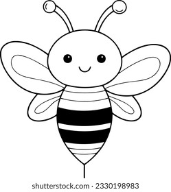 Bee vector illustration. Black and white outline Bee coloring book or page for children
