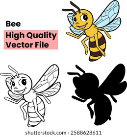 Bee Vector Illustration - Cute Cartoon Bee in Color, Black and White, and Silhouette