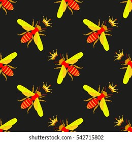 Bee  vector print pattern design. Seamless background with honeycomb and cute hand drawing bees