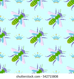 Bee  vector print pattern design. Seamless background with crown and cute hand drawing bees