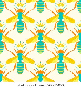 Bee  vector print pattern design. Seamless background with honeycomb and cute hand drawing bees