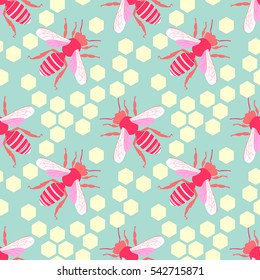 Bee  vector print pattern design. Seamless background with honeycomb and cute hand drawing bees