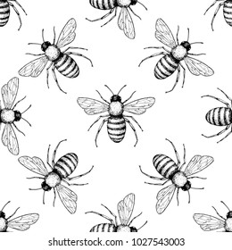 Bee vector seamless pattern. Hand drawn insect background. Engraved objects.  Vintage drawing for honey industry, packaging design, fabric, swatch. 