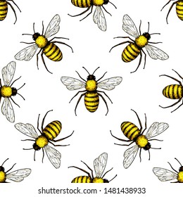 Bee vector seamless pattern. Hand drawn insect background. Colored objects. Vintage drawing for honey industry, packaging design, fabric, swatch.