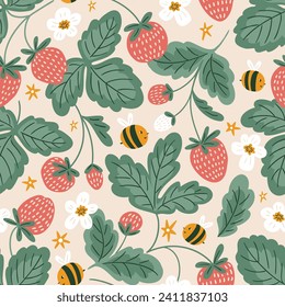 Bee vector seamless pattern. Bee and strawberry repeat background. Cute hand drawn summer meadow flowers.  Kids fabric design. Summer illustration. Floral sweet bees print.