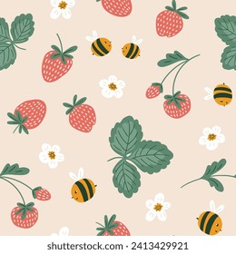 Bee vector seamless pattern. Bee and strawberry repeat background. Cute hand drawn summer meadow flowers.  Kids fabric design. Summer illustration. Floral sweet bees print.