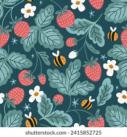 Bee vector seamless pattern. Bee and strawberry repeat background. Cute hand drawn summer meadow flowers.  Kids fabric design. Summer illustration. Floral sweet bees print.