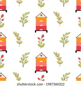 Bee vector seamless pattern. Summer background with beehive and flowers. Floral baby wallpaper. Cute bumblebee nursery print. Kids spring pattern. For fabrics, textile and wrap paper. 