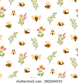 Bee vector seamless pattern. Summer background with honeybee and jar in yellow. Baby wallpaper. Cute nursery print. Kids bumblebee pattern. For fabrics, textile and wrap paper. 