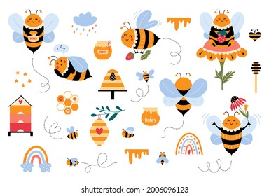 Bee vector set in cartoon style. Cute bumblebee with flowers and hive, honeycomb. Pot with honey. Dotted flying beetle. Sweet insect characters and floral elements. Isolated on white background. 