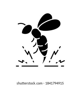 Bee venom black glyph icon. Honeybee attack, flying insect injecting poison. Beekeeping, apiculture, apiology silhouette symbol on white space. Stinging bumblebee, hornet vector isolated illustration