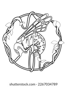 Bee with vine flame art nouveau style for black and white line-work tattoo.