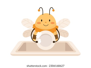 Bee Washing Dishes Vector Illustration