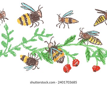 Bee, wasp, bumblebee, hornet seamless border, pattern frame or set. Doodle hand drawn black yellow striped flying insect on plant. Crayon, pencil pastel chalk like kid`s style vector funny cartoon art