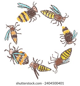 Bee, wasp, bumblebee, hornet seamless border, round frame or set. Doodle hand drawn black yellow striped flying insect. Crayon, pencil or pastel chalk like kid`s style vector funny cartoon background