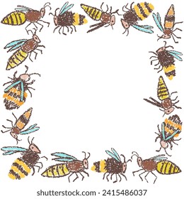 Bee, wasp, bumblebee, hornet seamless border, frame or set. Doodle hand drawn black yellow striped flying insect. Crayon, pencil or pastel chalk like kid`s style vector funny cartoon background