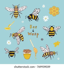 Bee and wasp cartoon doodle vector illustrations set