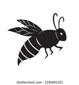 Bee or wasp icon vector silhouette isolated on plain white background. Honey bumble bee flying with wings and eye. Drawing with simple flat art style, little insect creature doodle.