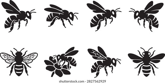 Bee and wasp insect silhouettes showing buzzing and flower pollination