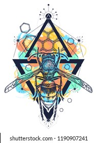 Bee watercolor splashes style tattoo and t shirt design. Symbol of freedom, flight. Wasp hand drawn vector 