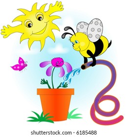 A bee watering a flower with sunny sky and butterfly.