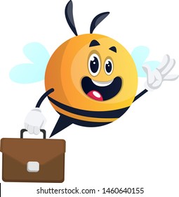 Bee waving with briefcase, illustration, vector on white background.