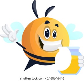 Bee waving and holding honey jar, illustration, vector on white background.