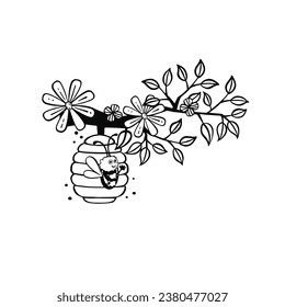 Bee waving joyfully from the hive on a branch, vector illustration