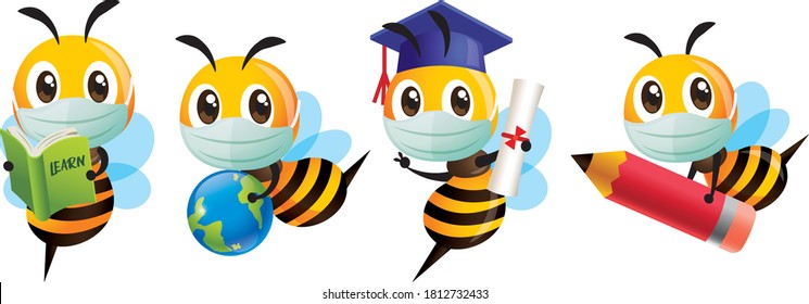 La abeja lleva máscara protectora de vuelta a la escuela. Montaje de mascotas de educación de abejas con dibujos animados. Dibujo de una linda abeja graduada, sosteniendo un libro de aprendizaje, cargando una tierra globo, cargando un gran lápiz rojo - Vector 