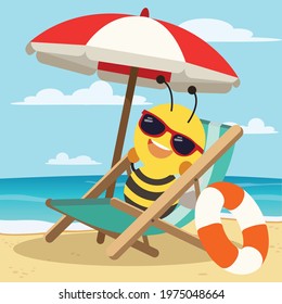 The bee wear a sunglasses under of the big umbrella and sitting on the beach .The cute bear about summer and holiday in flat vector style