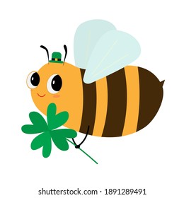 Bee wearing Leprechaun Hat. Cartoon Bee with clover. St. Patrick's Day vector illustration.Postcard, poster, banner, print design.