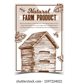 Bee And Wooden Beehive Farm Product Poster Vector. Bee Hive, Insects And Plant Green Leaves On Apiary Creative Promo Banner. Natural Honey Harvesting Layout Monochrome Illustration