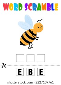 Disputa de palabras de abeja . Juego educativo para los niños. Hoja de cálculo de ortografía en inglés para niños en edad preescolar.