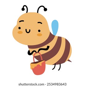 Bee worker carrying honey isolated on white. Hand drawn flat vector isolated illustration. 