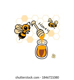 Bienenarbeiter, die Honig mit Honiggläsern und Honigwabenrüben herstellen. Vektorlogo-Idee.