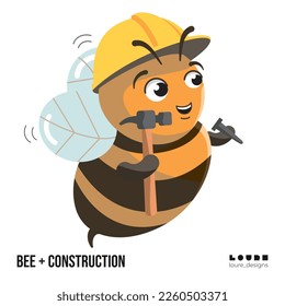 A bee working as a construction worker holding a hummer and a nail. A cute bee character wearing a hard hat ready for work.