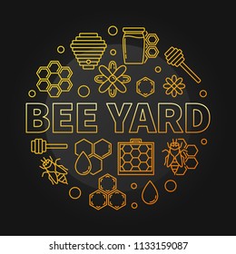 Bee Yard vector round yellow illustration made with beekeeping and apiary outline icons on dark background